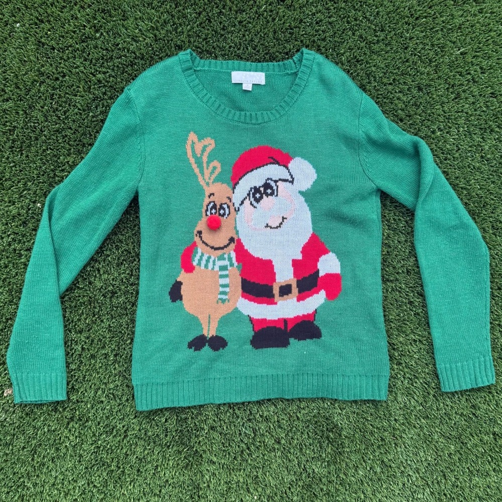 Carolyn Taylor Women's Green Santa and Reindeer Christmas‎ Sweater Size M